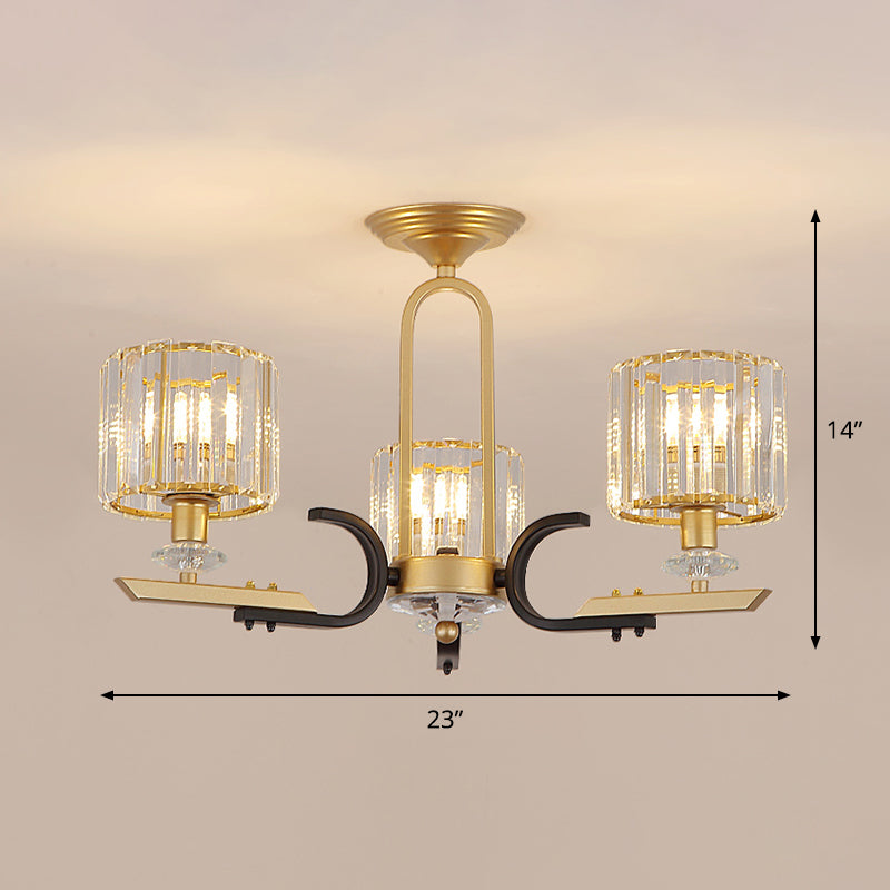 Modern Gold Drum Ceiling Lamp - Prismatic Crystal Semi Flush Mount Chandelier (3/6 Bulbs)