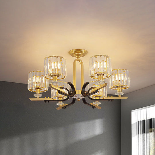 Modern Gold Drum Ceiling Lamp - Prismatic Crystal Semi Flush Mount Chandelier (3/6 Bulbs)