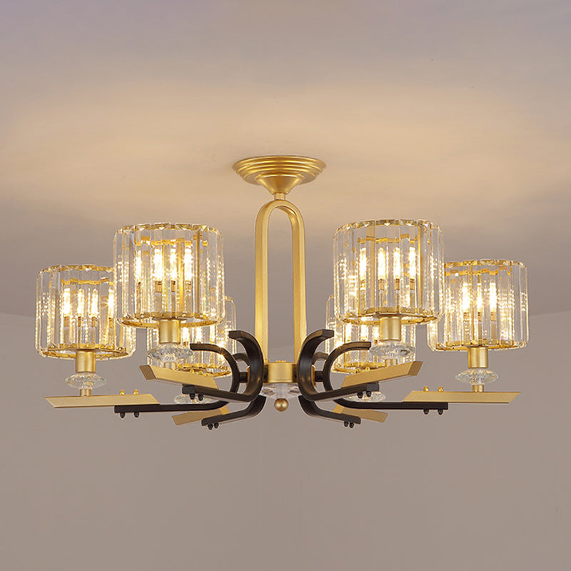 Modern Gold Drum Ceiling Lamp - Prismatic Crystal Semi Flush Mount Chandelier (3/6 Bulbs)