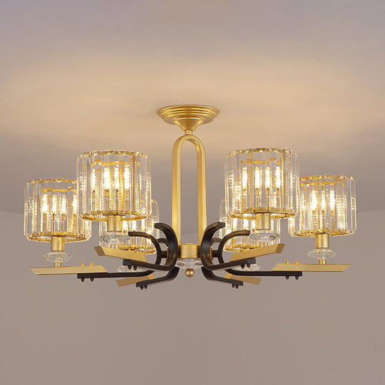 Modern Gold Drum Ceiling Lamp - Prismatic Crystal Semi Flush Mount Chandelier (3/6 Bulbs)