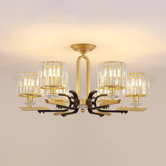 Modern Gold Drum Ceiling Lamp - Prismatic Crystal Semi Flush Mount Chandelier (3/6 Bulbs)