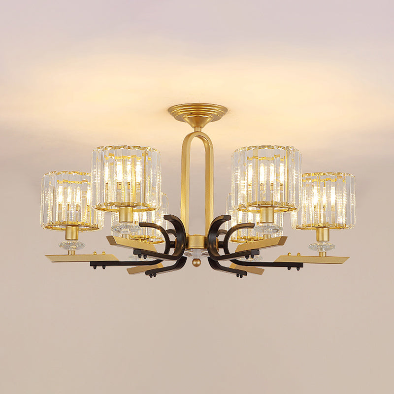 Modern Gold Drum Ceiling Lamp - Prismatic Crystal Semi Flush Mount Chandelier (3/6 Bulbs)