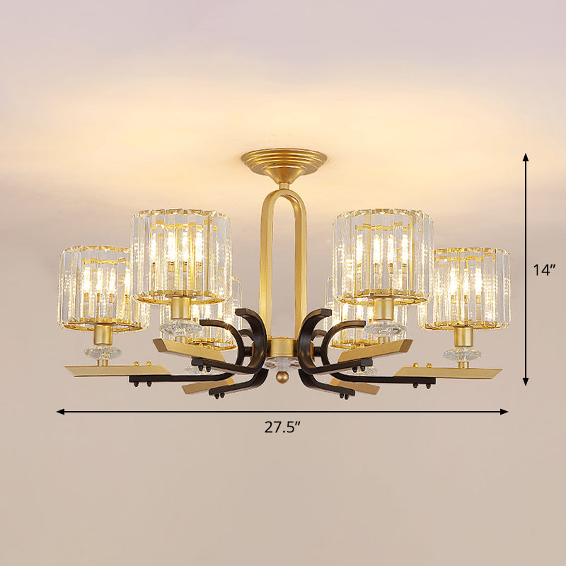 Modern Gold Drum Ceiling Lamp - Prismatic Crystal Semi Flush Mount Chandelier (3/6 Bulbs)