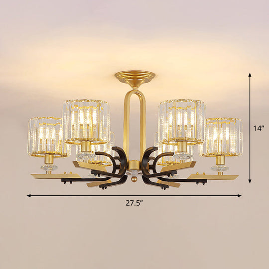 Modern Gold Drum Ceiling Lamp - Prismatic Crystal Semi Flush Mount Chandelier (3/6 Bulbs)