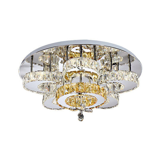 Minimalist Led Bedroom Semi Mount Ceiling Fixture With Floral Crystal Block Shade - Chrome Finish