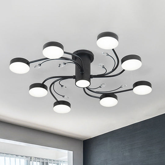 Simple Black Semi Flush Ceiling Chandelier for Guest Rooms - 4/6/8 Head with Round Metal Shade