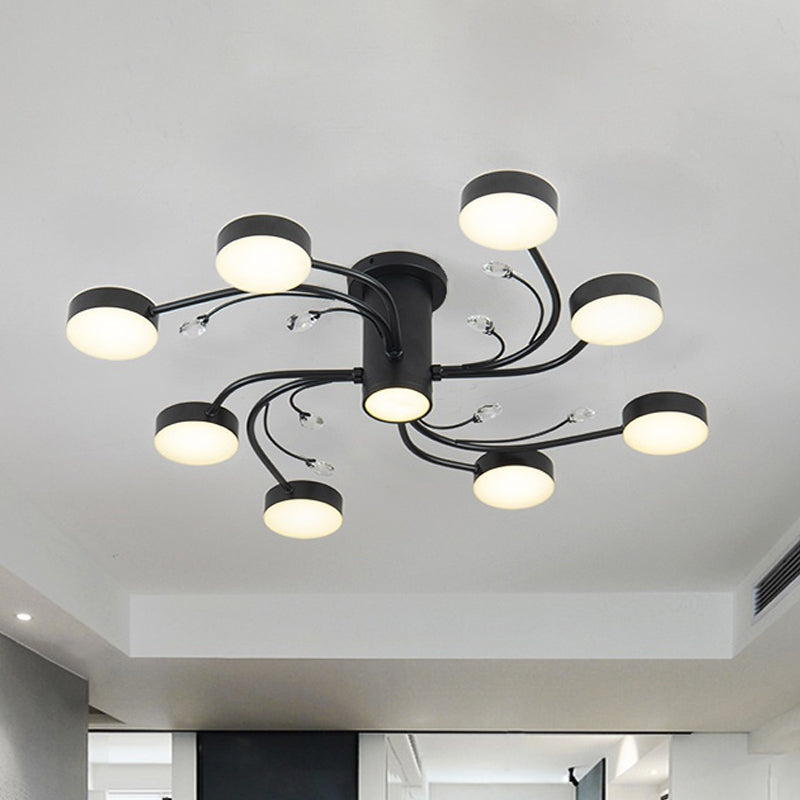 Simple Black Semi Flush Ceiling Chandelier for Guest Rooms - 4/6/8 Head with Round Metal Shade