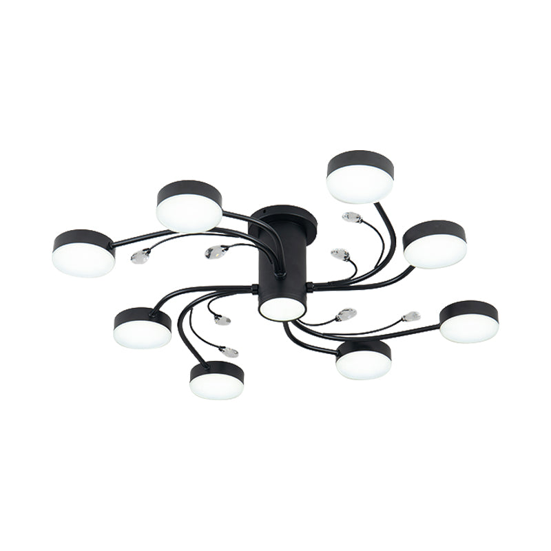 Simple Black Semi Flush Ceiling Chandelier for Guest Rooms - 4/6/8 Head with Round Metal Shade