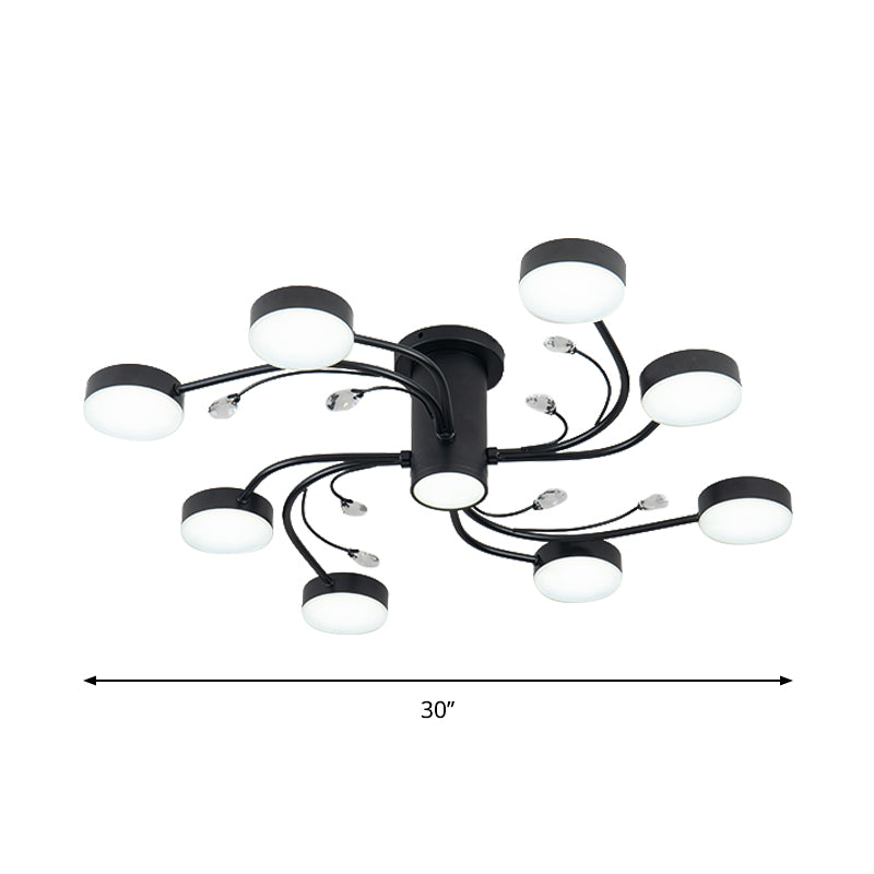 Simple Black Semi Flush Ceiling Chandelier for Guest Rooms - 4/6/8 Head with Round Metal Shade