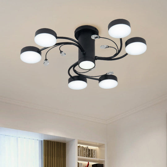 Simple Black Semi Flush Ceiling Chandelier for Guest Rooms - 4/6/8 Head with Round Metal Shade