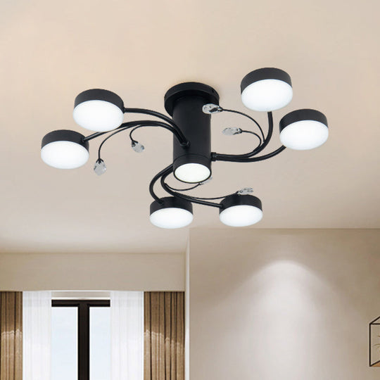 Simple Black Semi Flush Ceiling Chandelier for Guest Rooms - 4/6/8 Head with Round Metal Shade