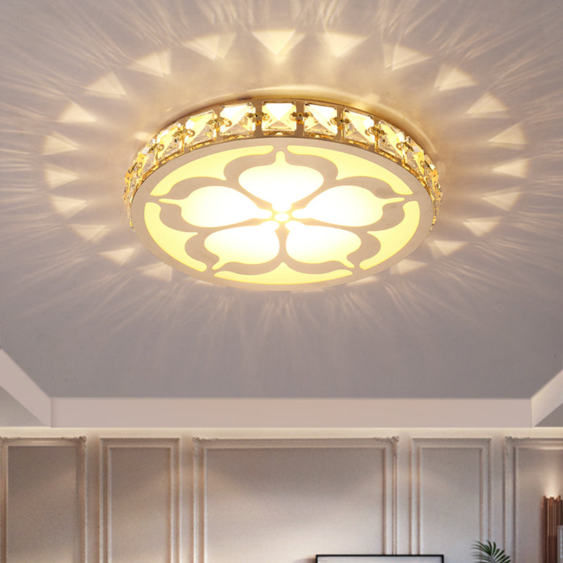 Modernity Faceted Crystal Flush Mount Lamp with Flower Pattern in White/Gold - LED Ceiling Light Fixture