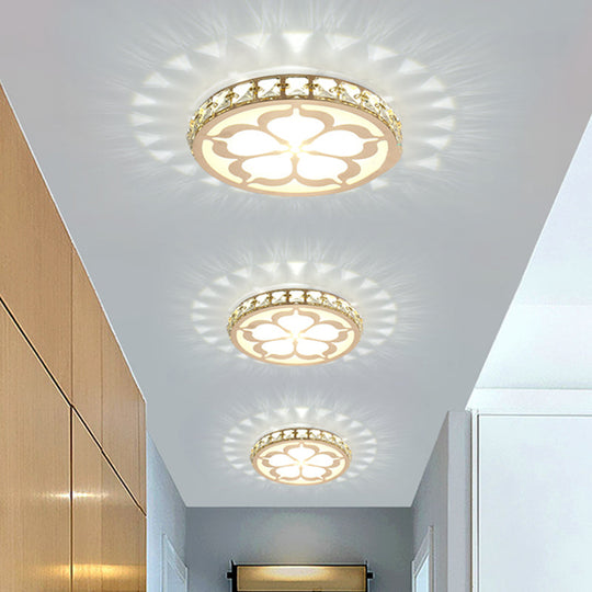 Modernity Faceted Crystal Flush Mount Lamp With Flower Pattern In White/Gold - Led Ceiling Light