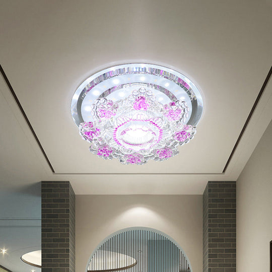 Modernist Floral LED Ceiling Fixture with Beveled Crystal Accents - Pink/Yellow, Warm/White Light