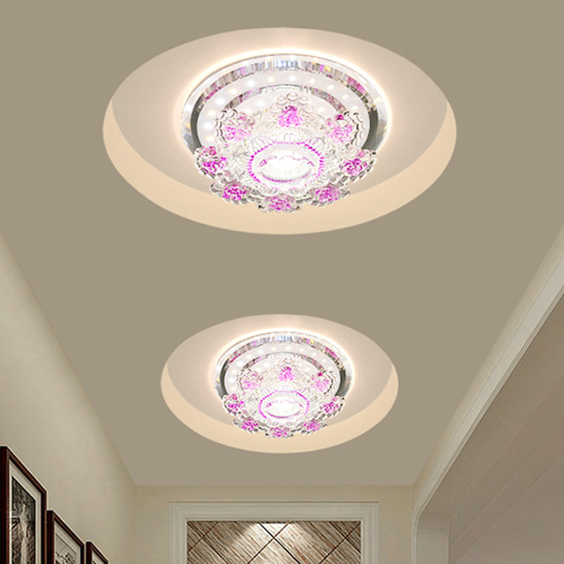 Modernist Floral Led Ceiling Fixture With Beveled Crystal Accents - Pink/Yellow Warm/White Light