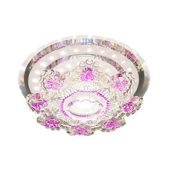 Modernist Floral LED Ceiling Fixture with Beveled Crystal Accents - Pink/Yellow, Warm/White Light