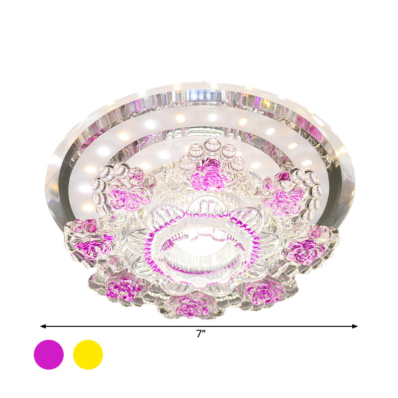 Modernist Floral LED Ceiling Fixture with Beveled Crystal Accents - Pink/Yellow, Warm/White Light