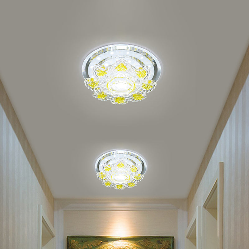 Modernist Floral LED Ceiling Fixture with Beveled Crystal Accents - Pink/Yellow, Warm/White Light