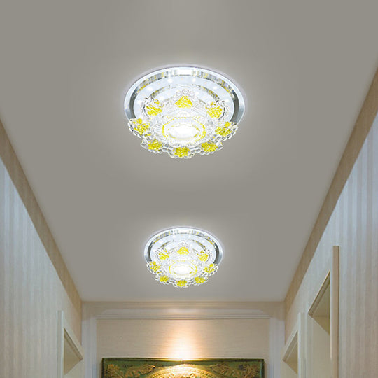 Modernist Floral LED Ceiling Fixture with Beveled Crystal Accents - Pink/Yellow, Warm/White Light