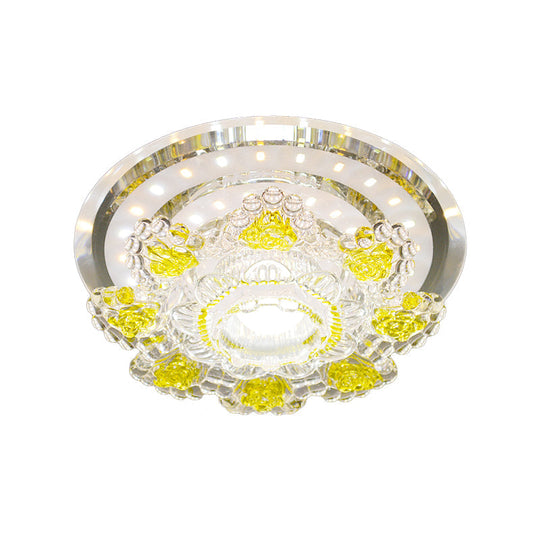 Modernist Floral LED Ceiling Fixture with Beveled Crystal Accents - Pink/Yellow, Warm/White Light