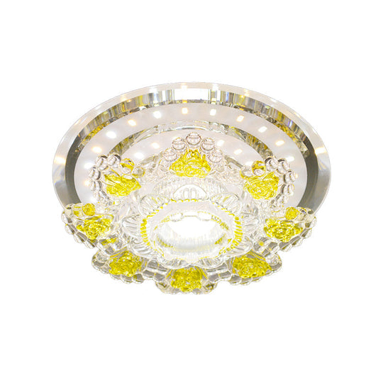 Modernist Floral Led Ceiling Fixture With Beveled Crystal Accents - Pink/Yellow Warm/White Light