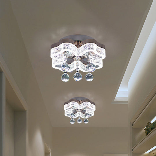 Modern LED Corridor Flush Mount Fixture with Chrome Ceiling Lighting and Floral Crystal Shade