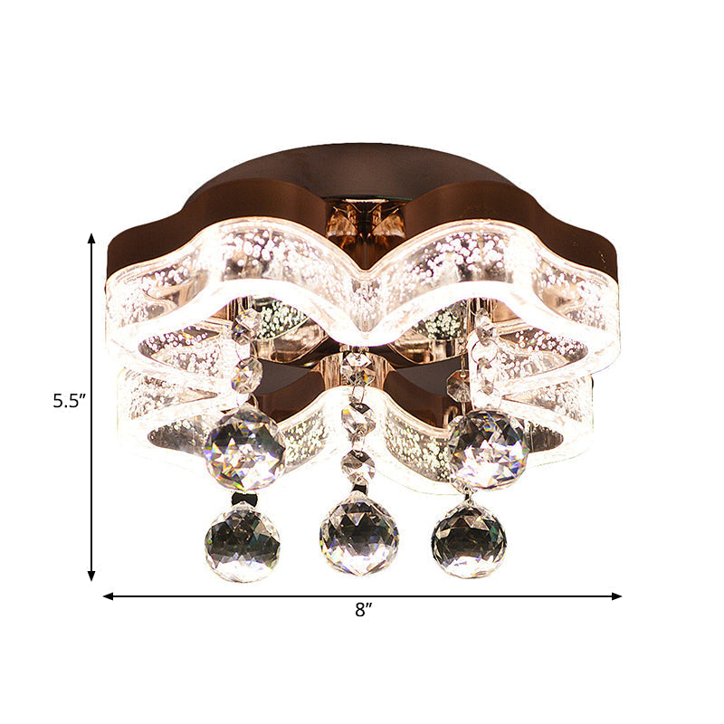 Modern LED Corridor Flush Mount Fixture with Chrome Ceiling Lighting and Floral Crystal Shade