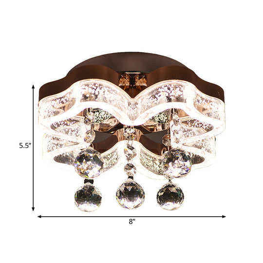 Modern Led Corridor Flush Mount Fixture With Chrome Ceiling Lighting And Floral Crystal Shade