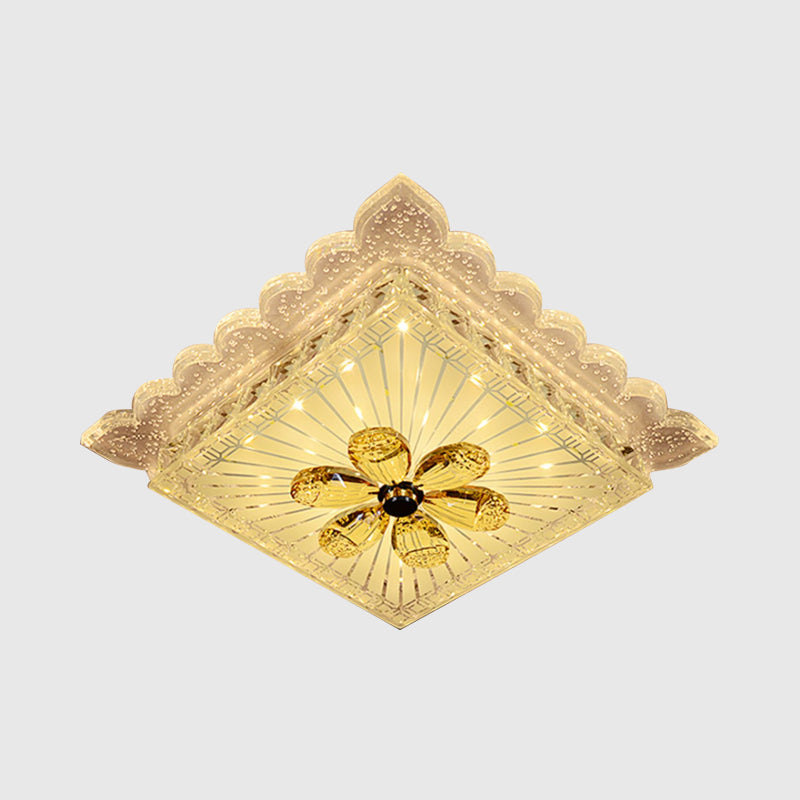 Modern Led Crystal Square Flush Mount Ceiling Light Fixture In Warm/White With Scalloped Edge