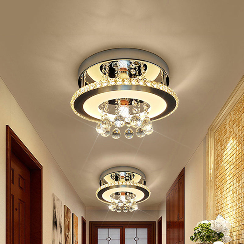 Simplicity Circle Flush Crystal LED Ceiling Fixture in Chrome - 8"/12" Size Options - Warm/White Light