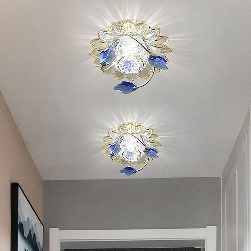 Modern Globe Flush Mount Ceiling Light With Crystal Maple Leaf Deco - Blue/Tan Warm/White 1 Bulb