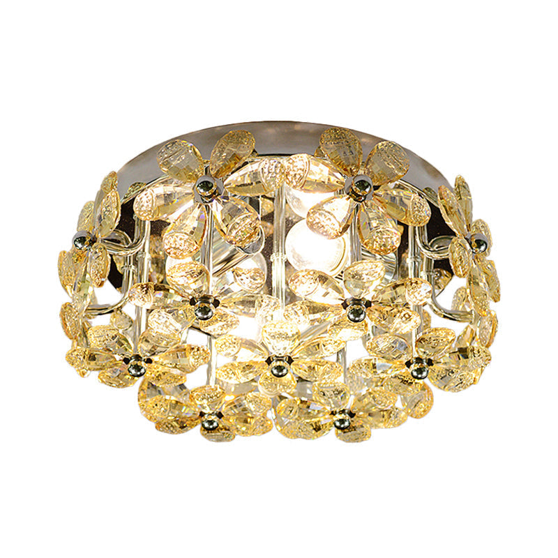 Modernist Chrome Blossom Flush Mount Lighting - 4 Bulbs Clear/Amber Crystal Ceiling Light