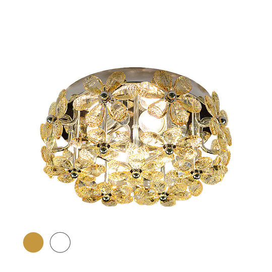 Modernist Chrome Blossom Flush Mount Lighting - 4 Bulbs Clear/Amber Crystal Ceiling Light