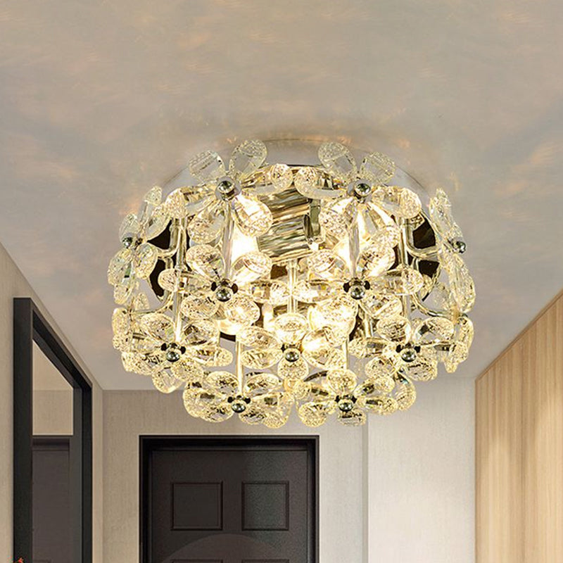 Modernist Chrome Blossom Flush Mount Lighting - 4 Bulbs Clear/Amber Crystal Ceiling Light