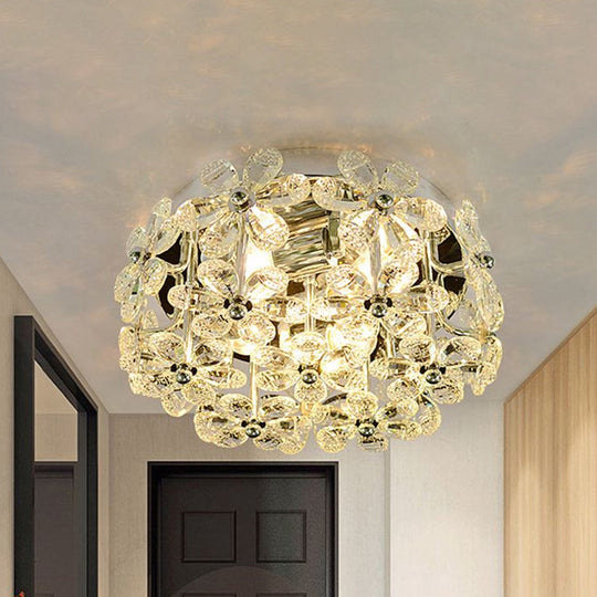 Modernist Chrome Blossom Flush Mount Lighting - 4 Bulbs Clear/Amber Crystal Ceiling Light