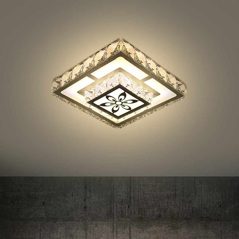 Modernist Flush Mount Led Crystal Ceiling Light In White With Flower Pattern Warm/White / Square