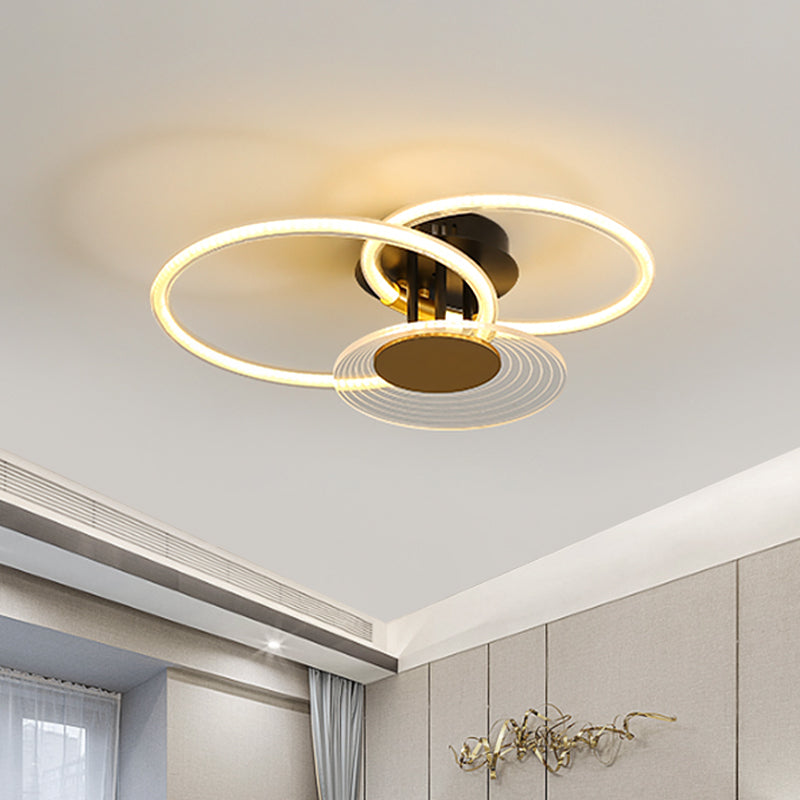 Sleek Black Acrylic Ceiling Mounted Fixture With Contemporary Hoops Design - 3/4 Head Semi Flush