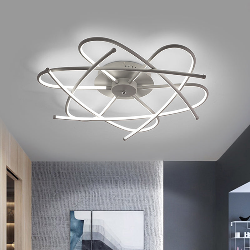 Modernist LED Ceiling Mounted Fixture - Curved Linear Metal Semi Flush, Warm/White Light