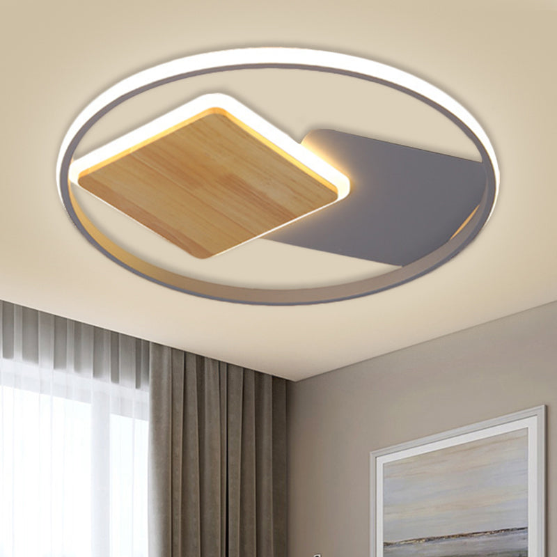 Modern LED Flush Mount Light - Grey Ring and Square Design with Metallic Shade, 16"/19.5" Width