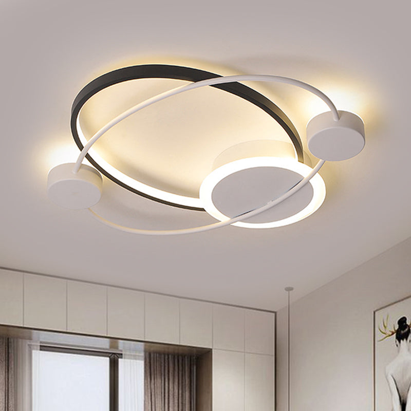 Modern Metal Planet Orbit Flushmount Lighting - LED Black-White Ceiling Mounted Fixture in Warm/White Light (21.5"/25.5" W)