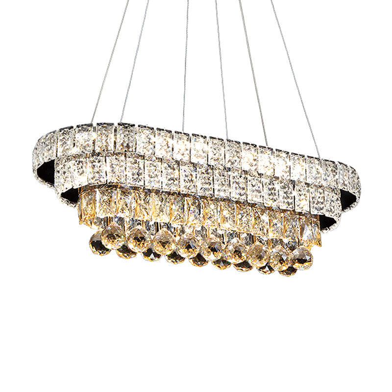 Sleek Chrome Led Restaurant Island Ceiling Light With Elegant Oval Crystal Shade