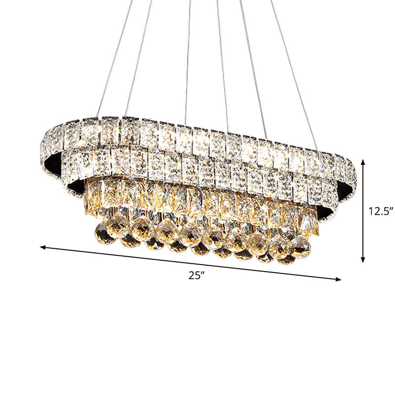 Sleek Chrome Led Restaurant Island Ceiling Light With Elegant Oval Crystal Shade