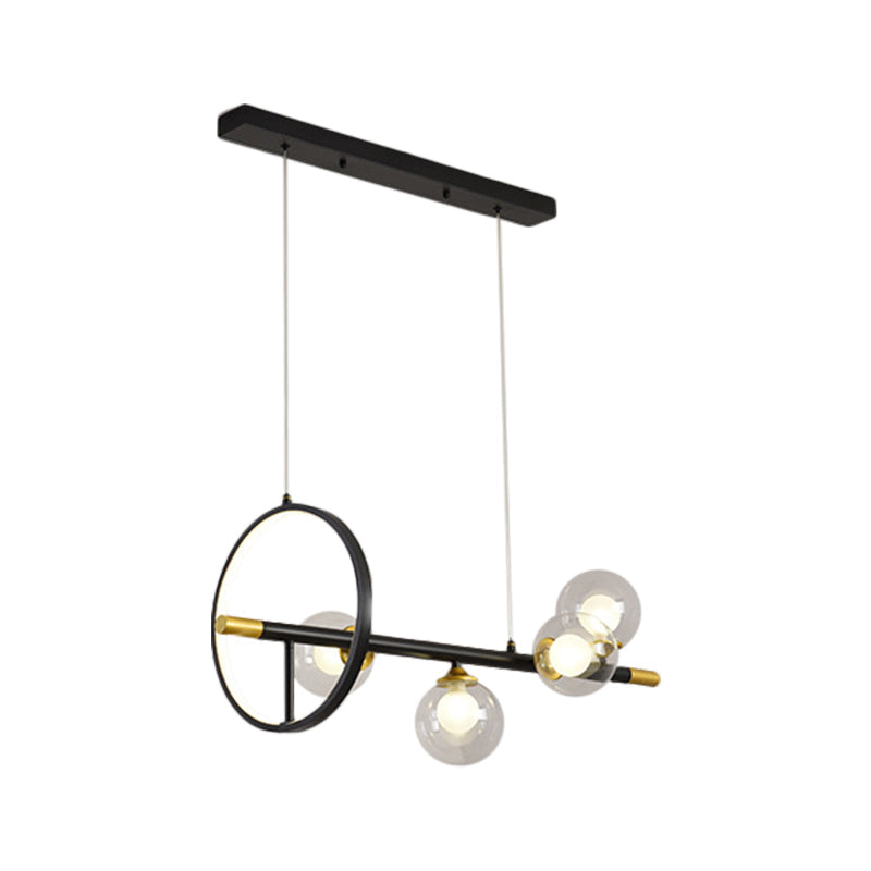 Clear Glass Molecular Island Chandelier - 4/6-Light Pendant In Black With Metal Ring Deco