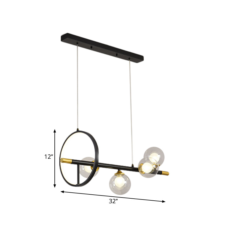 Clear Glass Molecular Island Chandelier - 4/6-Light Pendant In Black With Metal Ring Deco