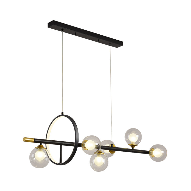 Clear Glass Molecular Island Chandelier - 4/6-Light Pendant In Black With Metal Ring Deco