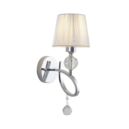 Conical Parlor Wall Lamp Fixture: 1-Light Classic Fabric Lighting With Crystal Drop In Chrome