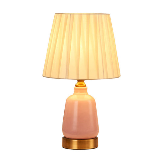 Simple Pink Conical Pleated Fabric Desk Lamp For Bedroom Night Table