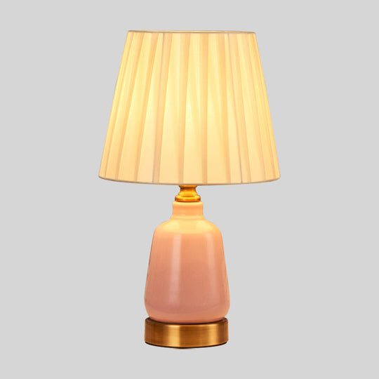 Simple Pink Conical Pleated Fabric Desk Lamp For Bedroom Night Table