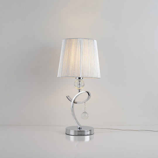 Modern Chrome Led Night Table Lamp With Crystal Droplet - Fabric Barrel Shade Task Lighting