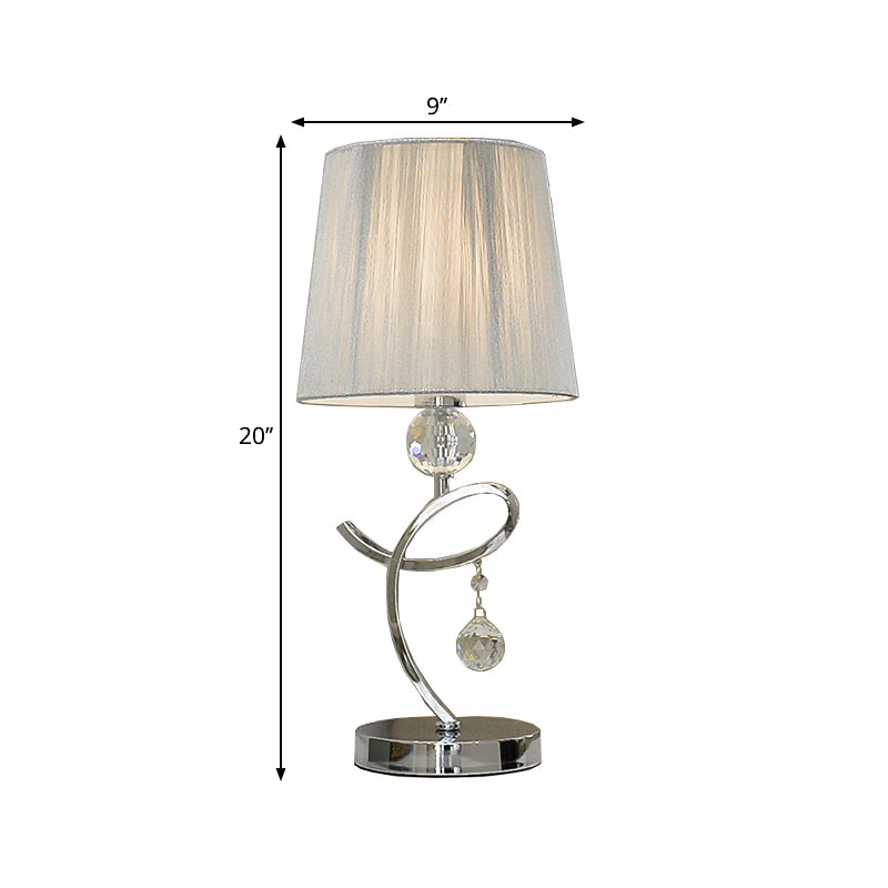 Modern Chrome Led Night Table Lamp With Crystal Droplet - Fabric Barrel Shade Task Lighting